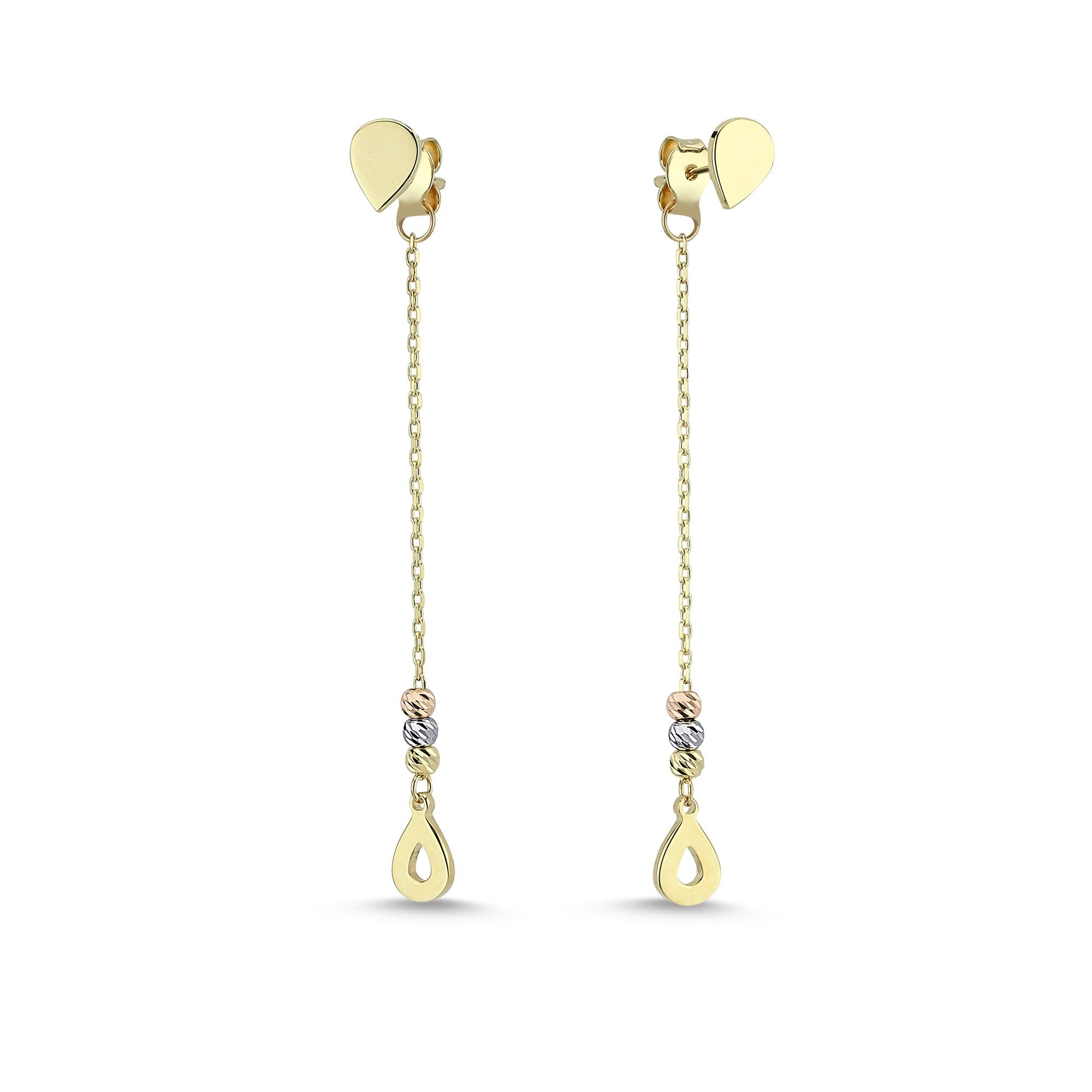 Dainty Long Chain Earrings with Pear Shaped Charm in Gold